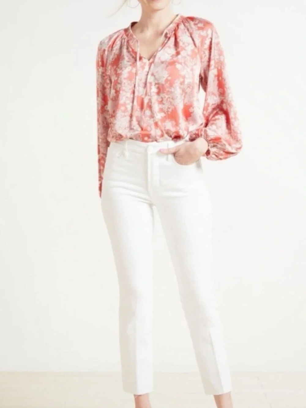 Evereve Keira Smocked Neck Floral Coral Cream Long Sleeve Blouse